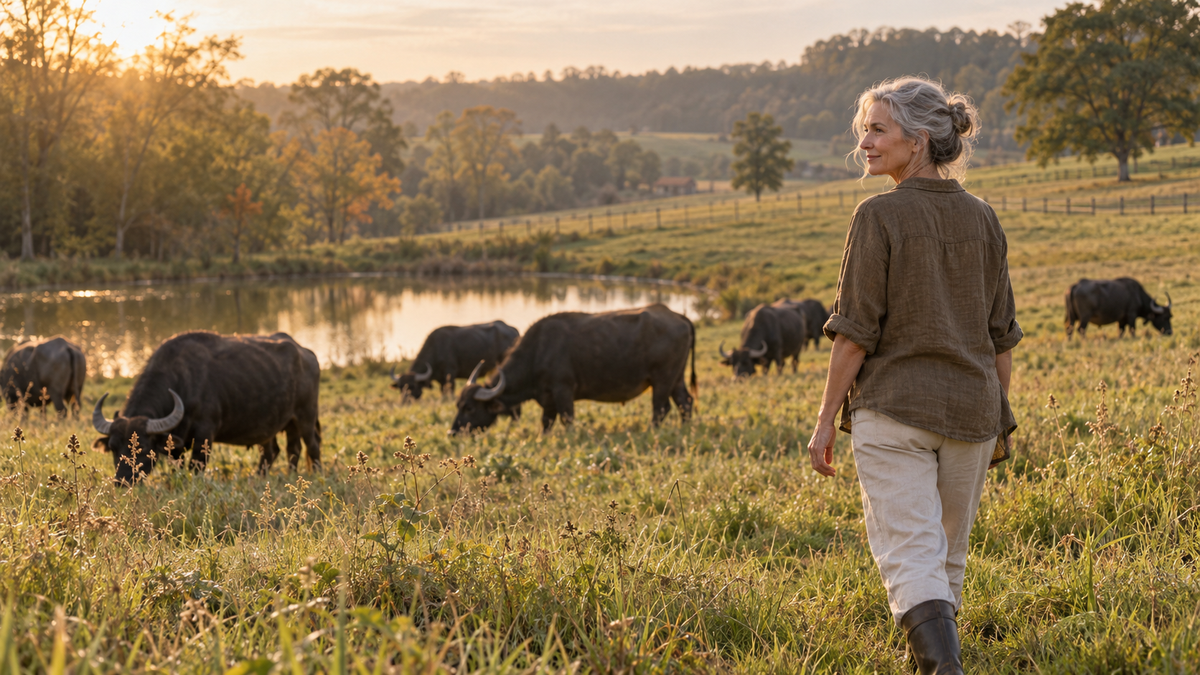 Shalley walking through an early fall pasture with grassfed water buffalo at Carrell Farms in Monroe, Georgia