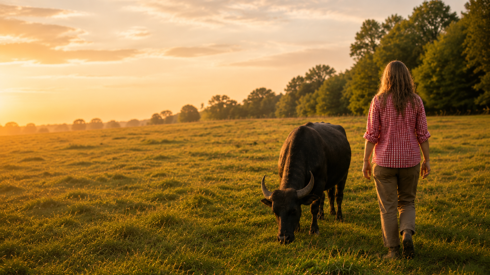 Woman walking through a golden-hour pasture beside a grazing water buffalo