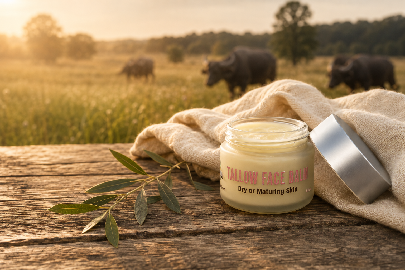 Open Buffalo Gal Tallow Face Balm on a farm table overlooking water buffalo at golden hour