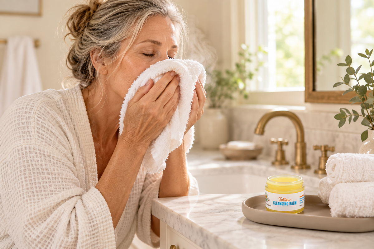 Woman gently holding a warm towel to her face beside Buffalo Gal Tallow Cleansing Balm in a sunlit bathroom