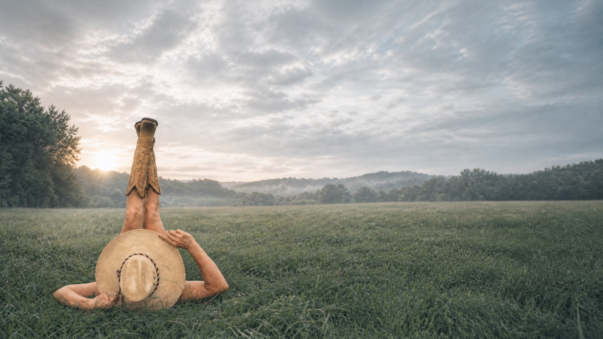 Mature woman resting in a quiet sage-colored landscape